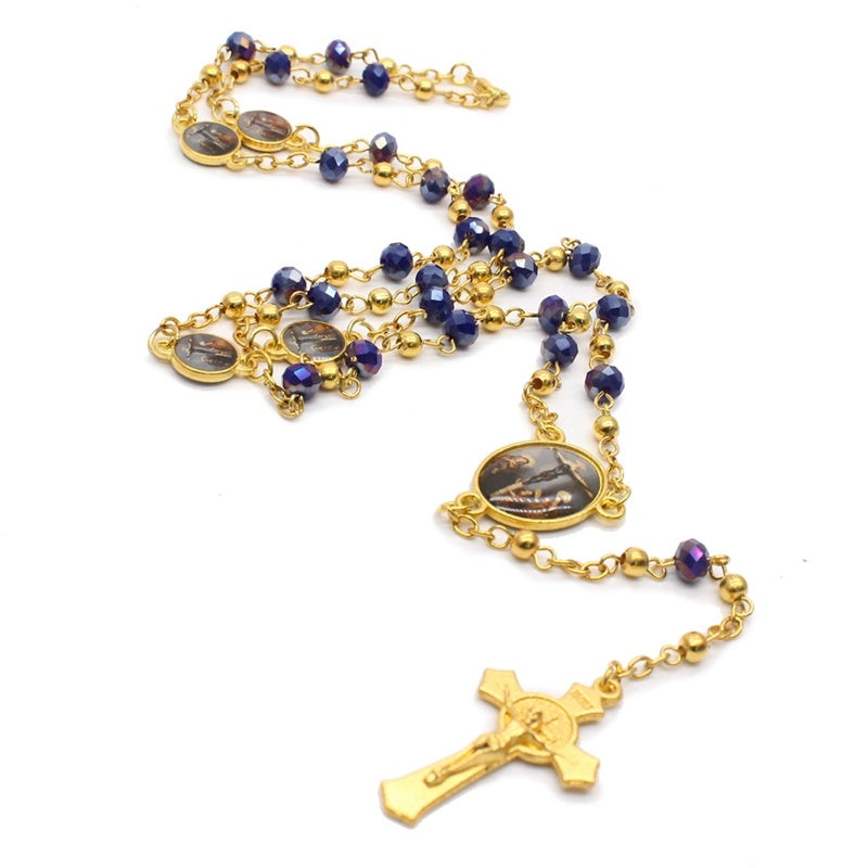 QIGO Crystal Rosary Necklace For Women Long Gold Cross Pendant Religious Jewelry QIGO Crystal Rosary Necklace For Women Long Gold Cross Pendant Religious Jewelry